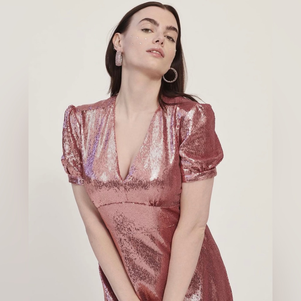 Hvn Paula Deep V Neck Sequin Puff Sleeve Midi Dress Pink — image 3 of 8
